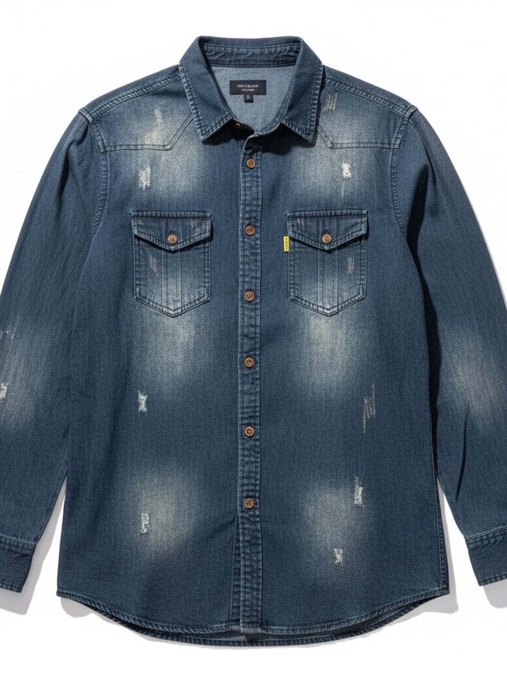 AIOPESEN Dark Indigo Denim Shirt with Yellow Brand Tab Men’s Unisex